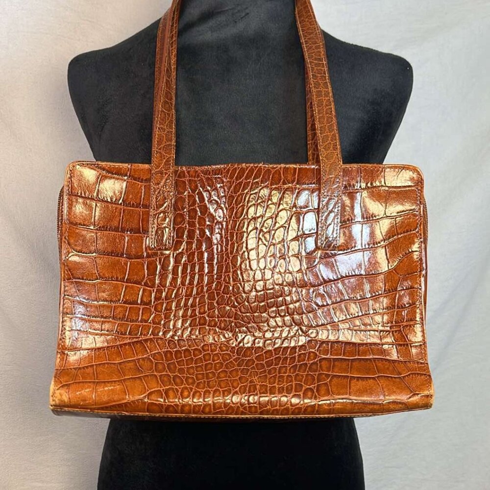 Neiman Marcus Leather Croc Patterned Shoulder Bag… - image 1